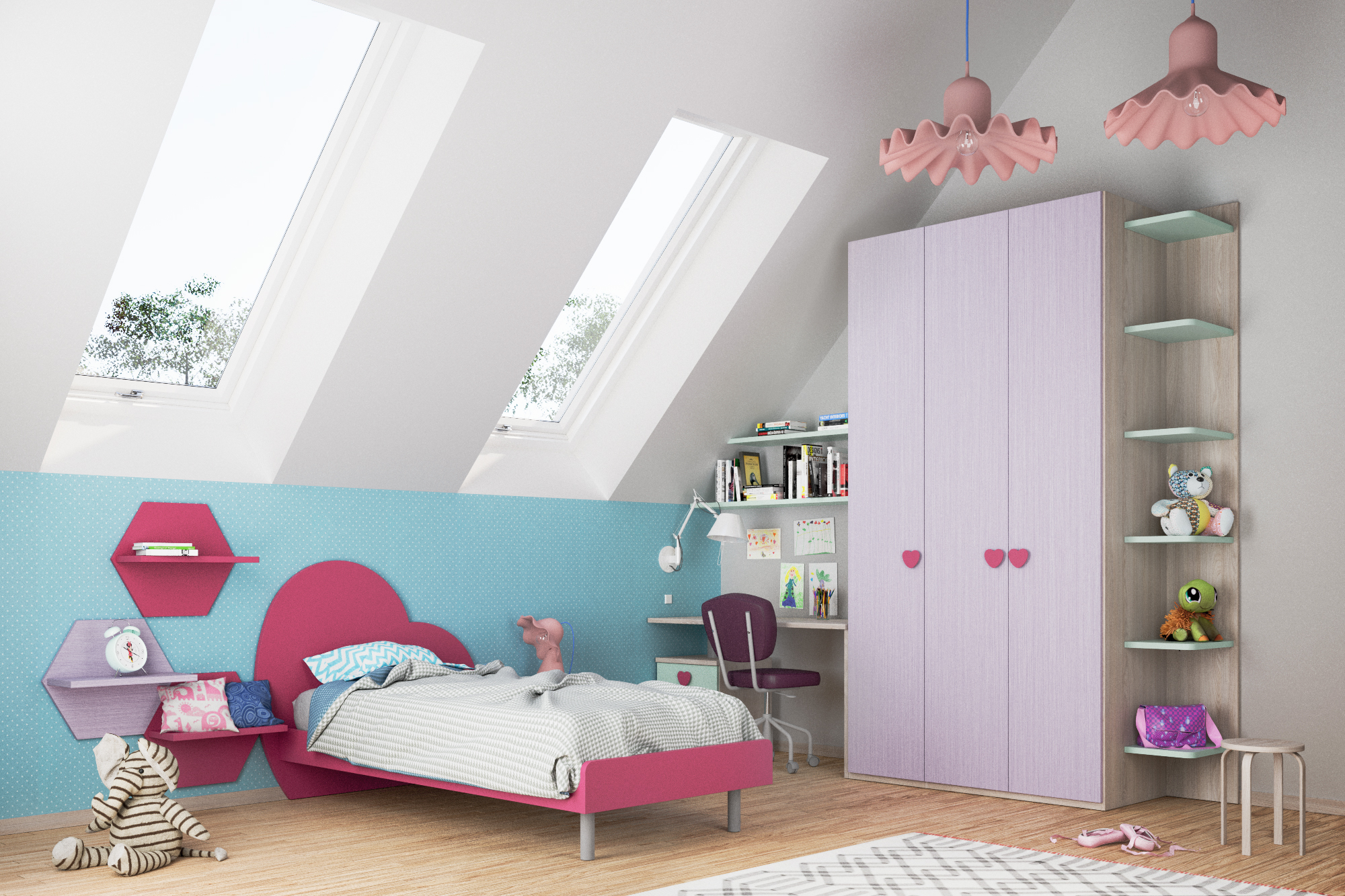 cameretta con letto cuore e armadio componibile
